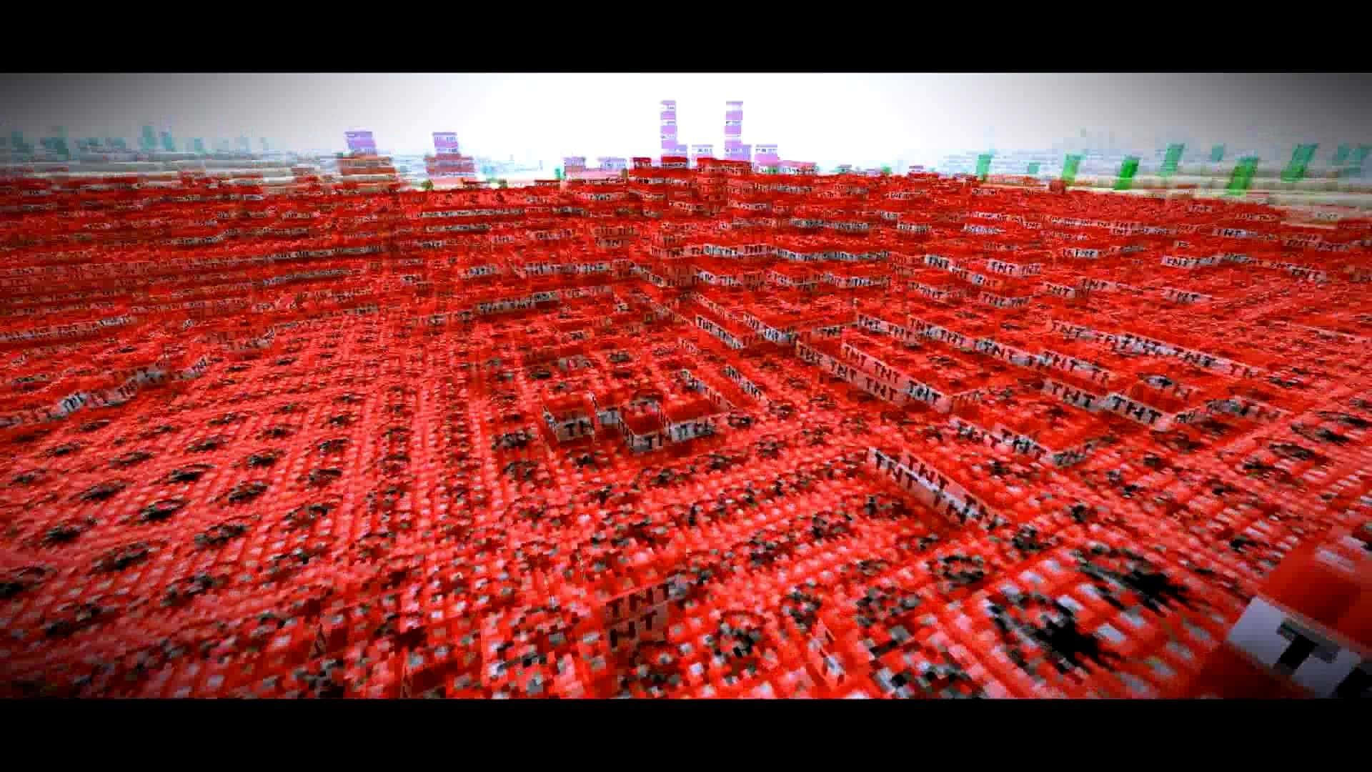 在Minecraft風格的數位世界中，一片廣闊的紅色TNT方塊田野。