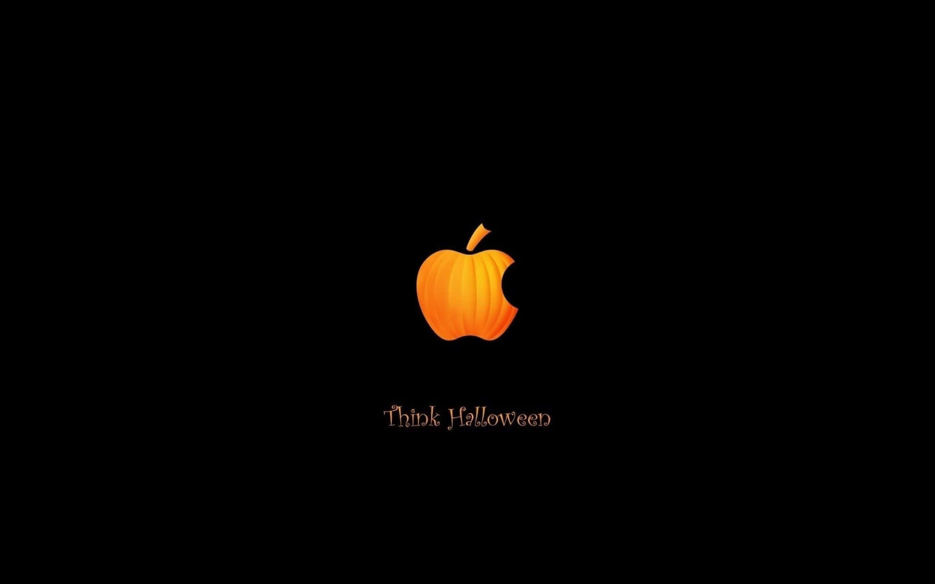 黑色背景上的橙色南瓜Apple標誌及「Think Halloween」文字。