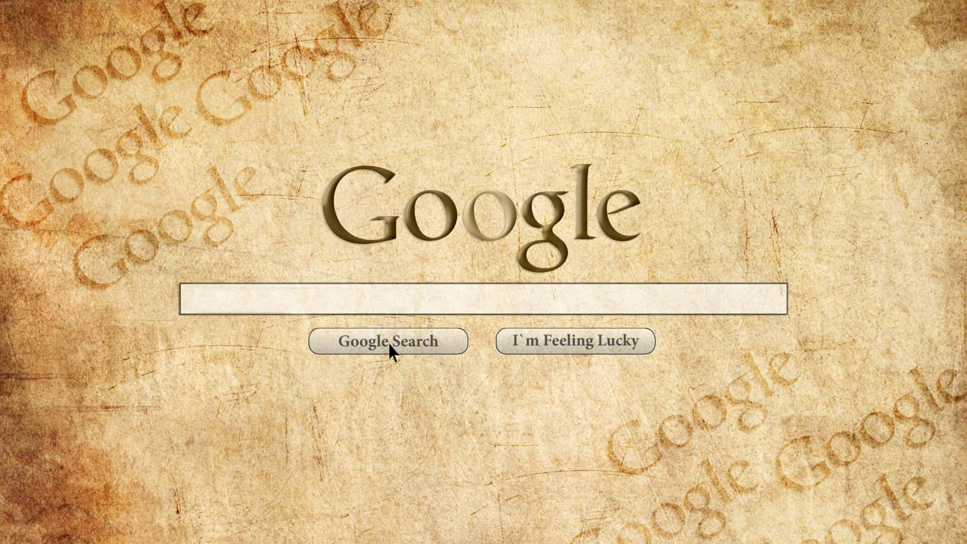 簡潔卻吸睛的 Google 背景 壁紙 — 復古羊皮紙背景，帶有褪色的Google標誌搜尋列和按鈕。