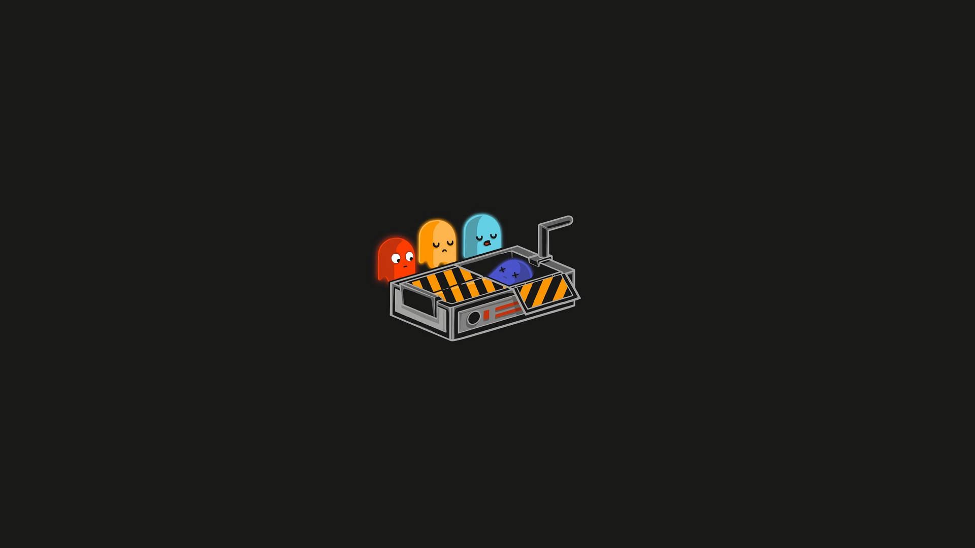 四個 Pac-Man 鬼魂在條紋手推車中，深色背景
