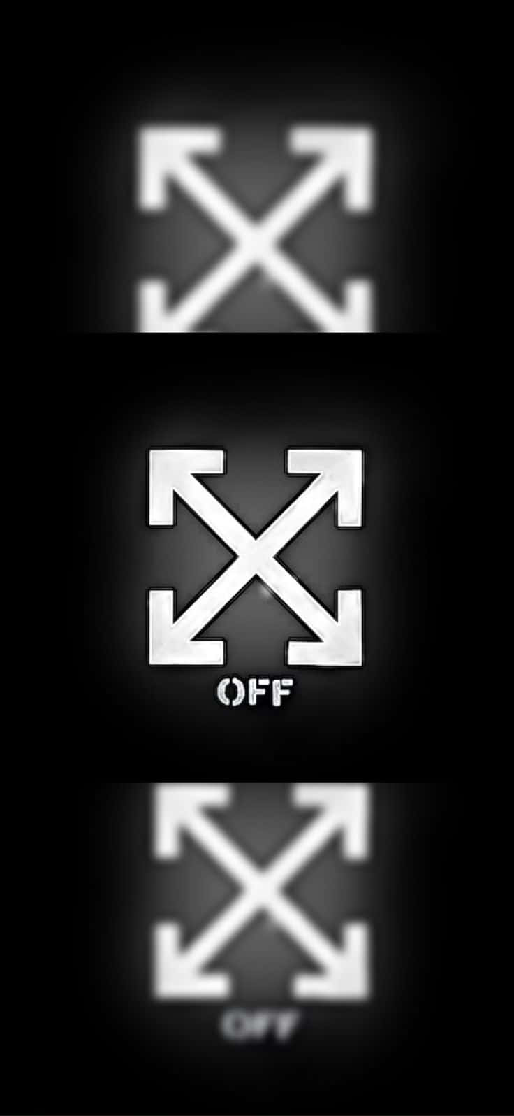 三個發光的 Off White 標誌，帶有 'OFF' 文字，置於黑色背景上