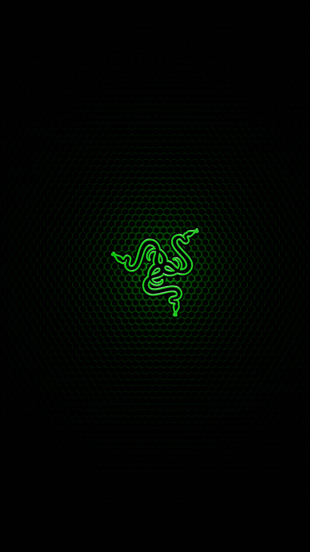 發光綠色Razer標誌在深色六角形背景上。