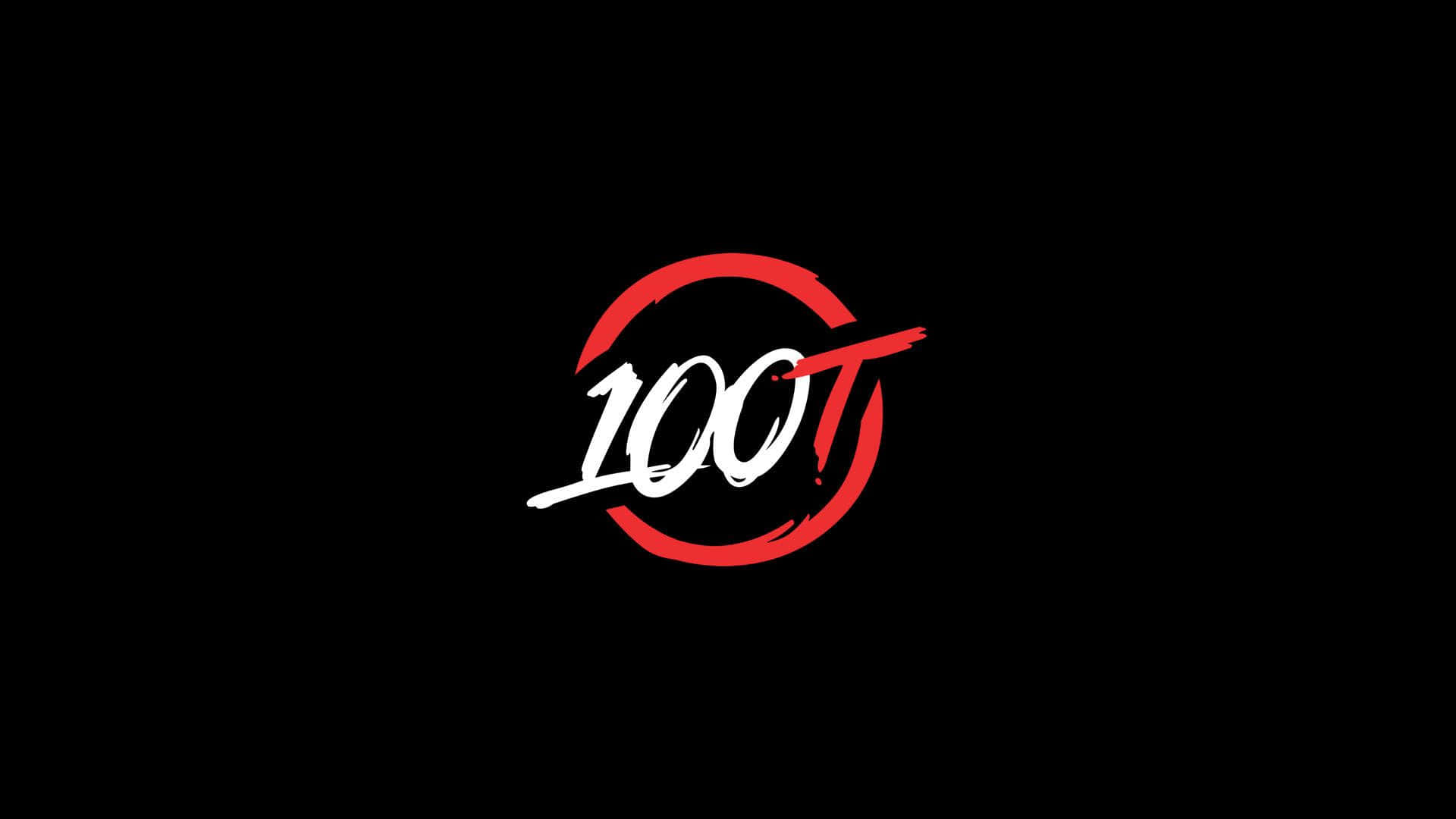 黑色背景上的紅色和白色風格化100T標誌。