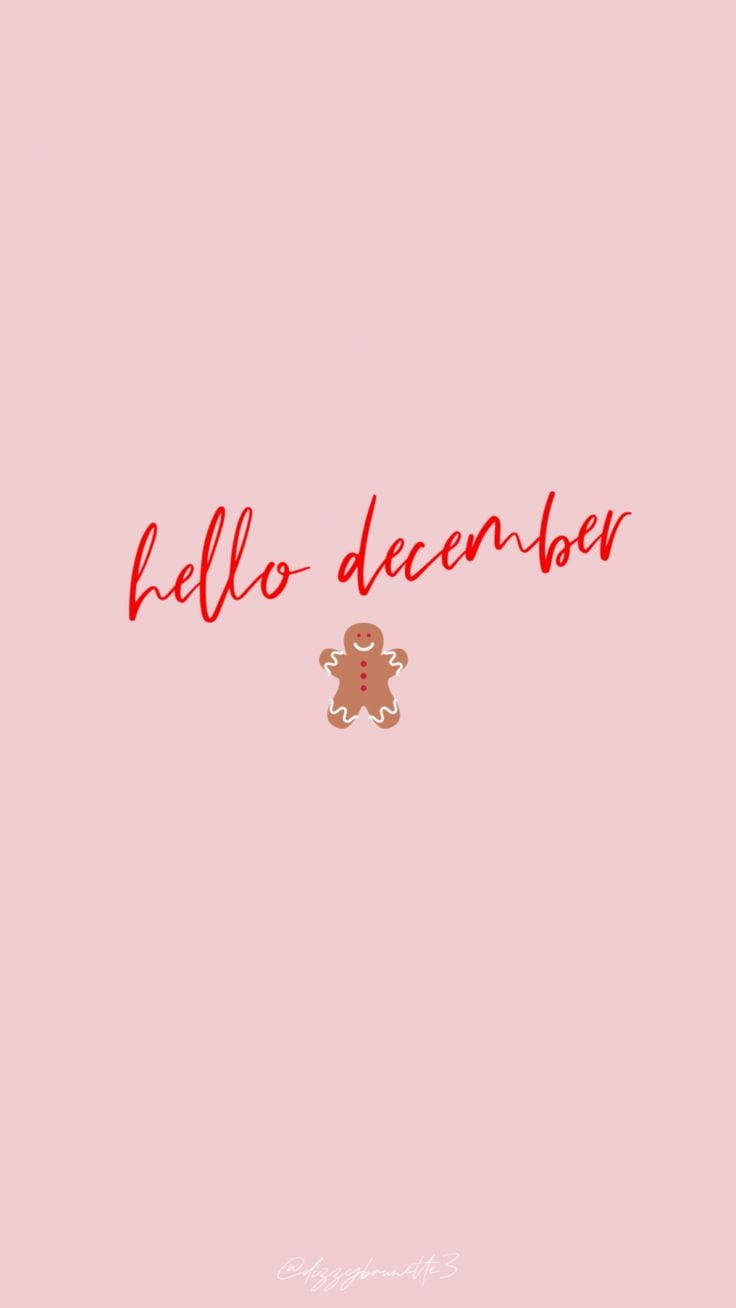 粉紅色背景，上面有紅色hello december文字和一個薑餅人。