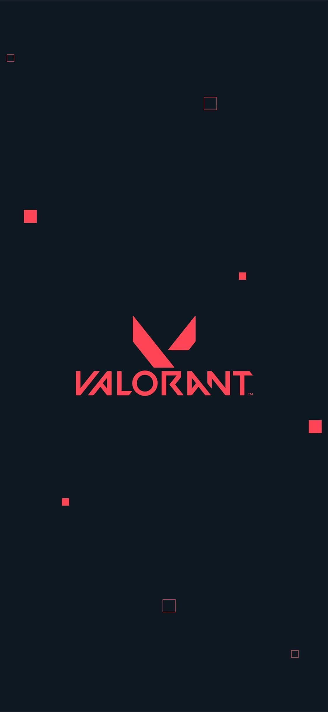 簡約 iPhone XS《Valorant》標誌背景 壁紙 — 深色牆紙，中央有紅色 Valorant 標誌，黑色背景上散落紅色方塊。