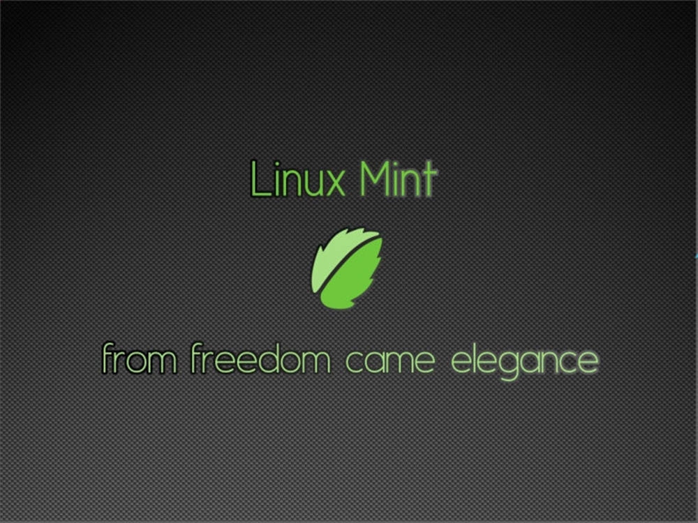 簡約 Linux Mint 操作系統標誌與口號 壁紙 — Linux Mint 標誌，帶有綠色葉子和標語，背景為深色紋理。