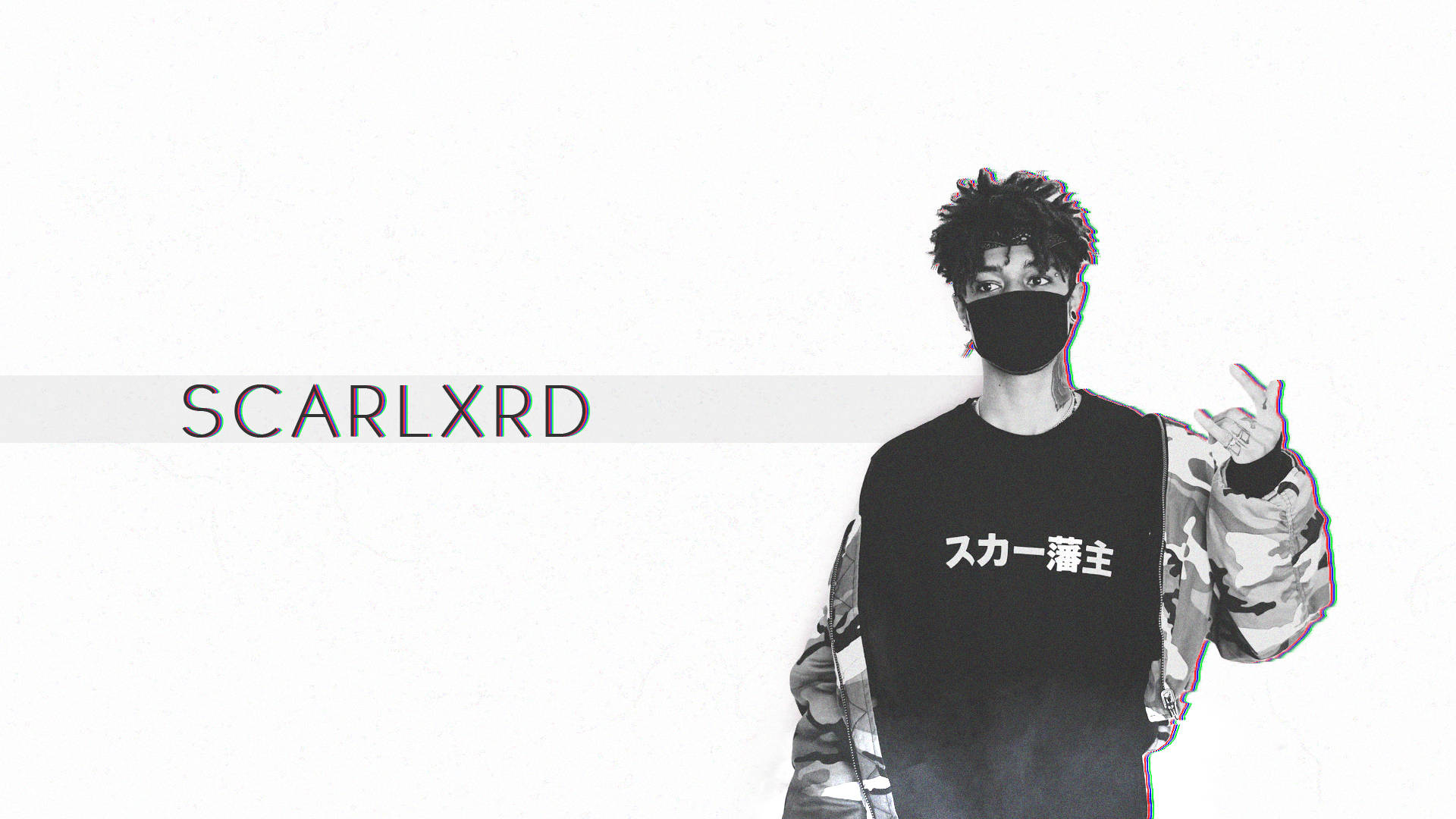 簡約 Scarlxrd 壁紙 — 一個戴黑色面具和迷彩外套的人，在純白背景前做出手勢，並帶有「SCARLXRD」文字。