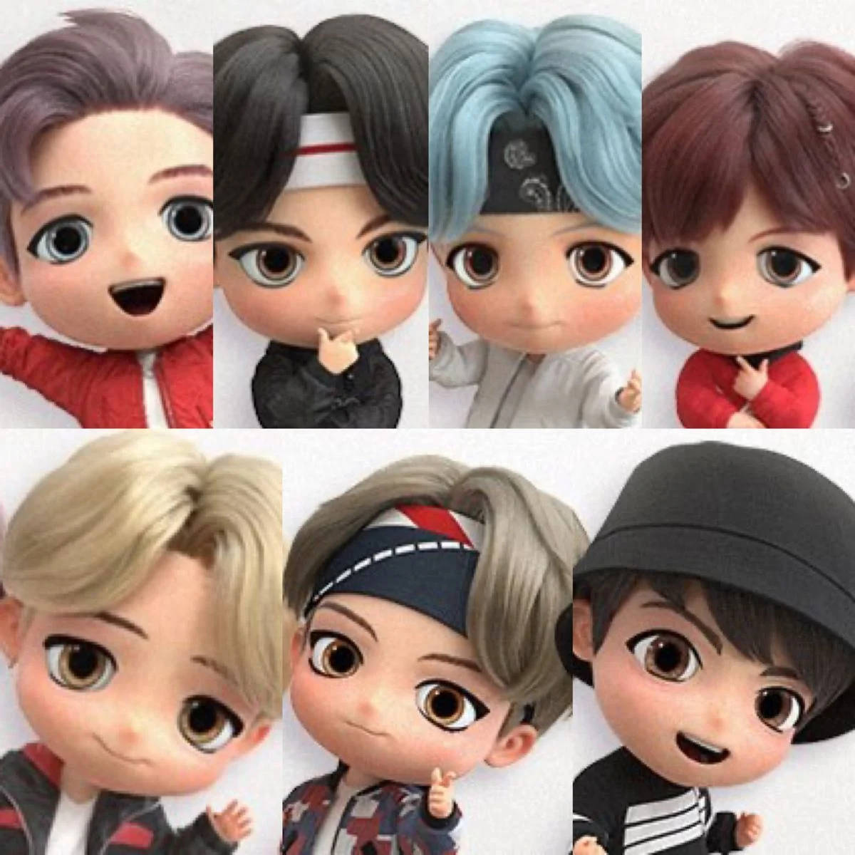 簡約 Tiny Tan BTS 拼貼畫 壁紙 — 七個Q版風格動畫角色，擁有色彩繽紛的頭髮和富有表情的眼睛，在純白色背景前擺姿勢。