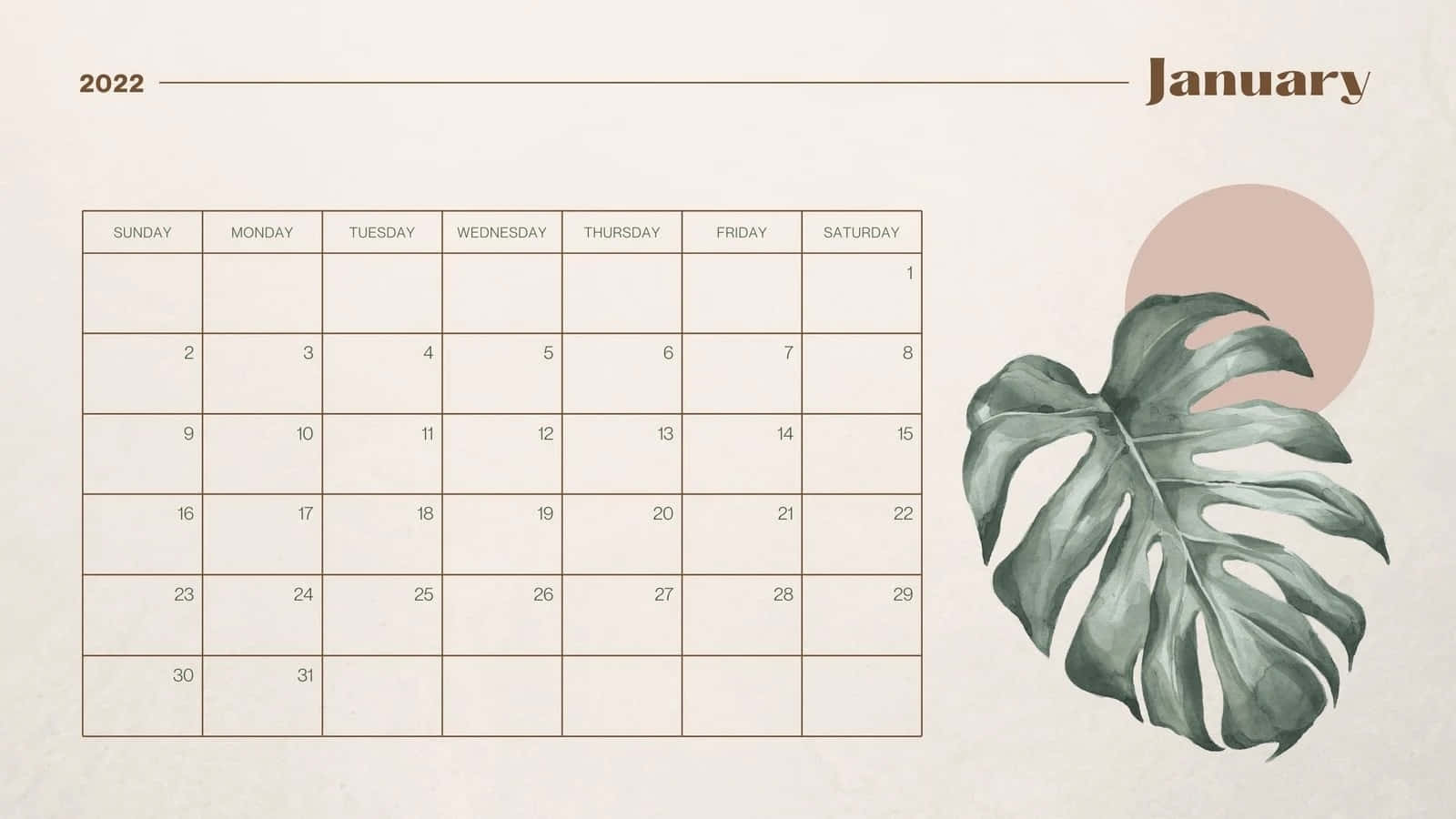 January 2022 Calendar 桌布 壁紙 — 簡約2022年1月日曆，配有龜背竹葉插圖和柔和粉紅色圓形背景。