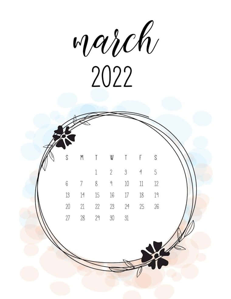三月 桌布 壁紙 — 簡約2022年3月月曆，配有黑色花卉花環和柔和粉彩水彩背景。