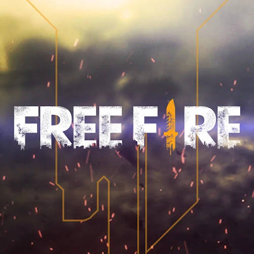 Free Fire 遊戲標誌，帶有火焰箭和發光火花，背景是暴風雨的天空。