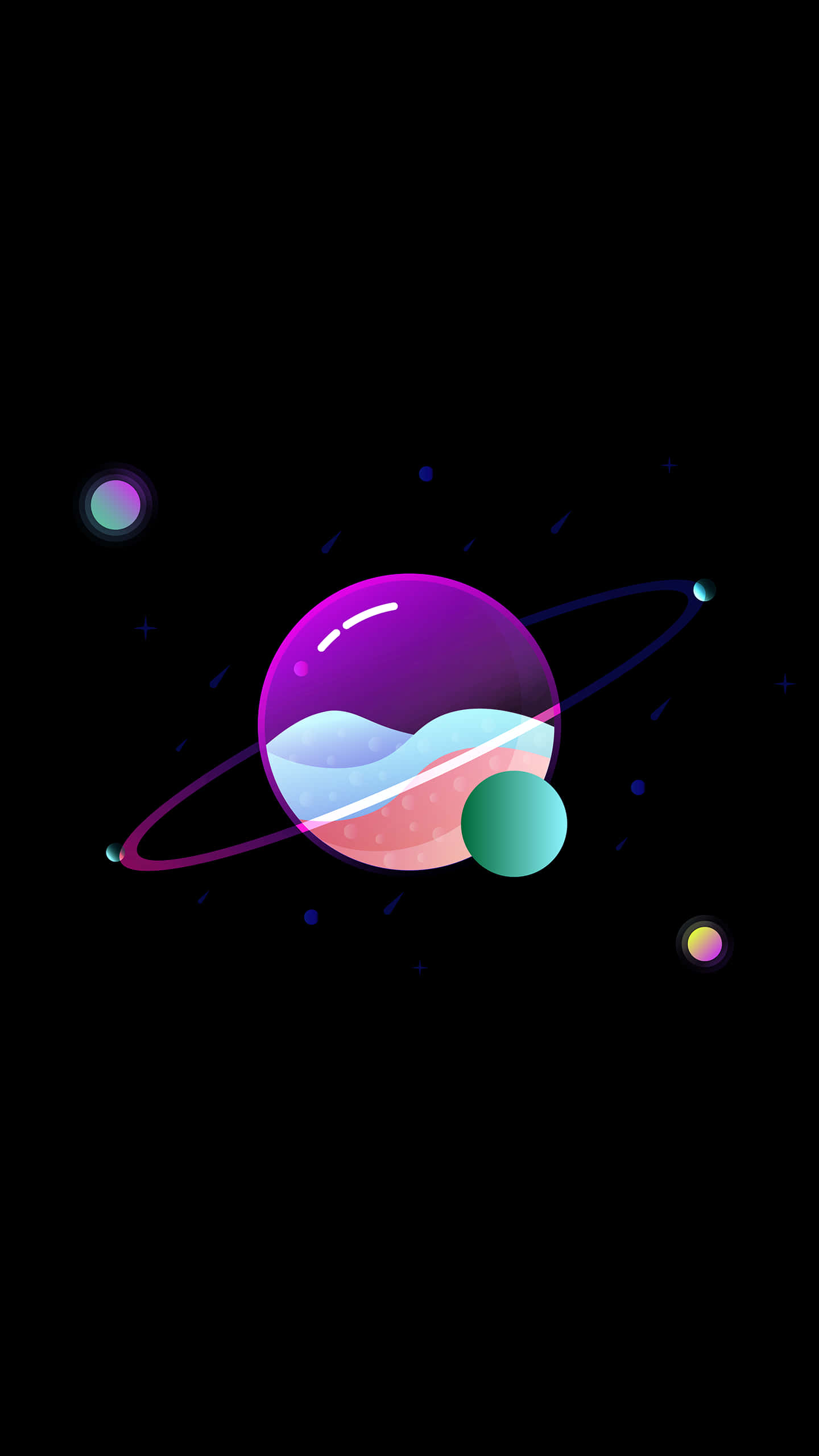 簡約iPhone：流線與精緻的完美結合 壁紙 — 一顆充滿活力的紫色行星，帶有發光的光環和粉彩波浪，漂浮在繁星點點的虛空中，附近有細小的彩色球體。