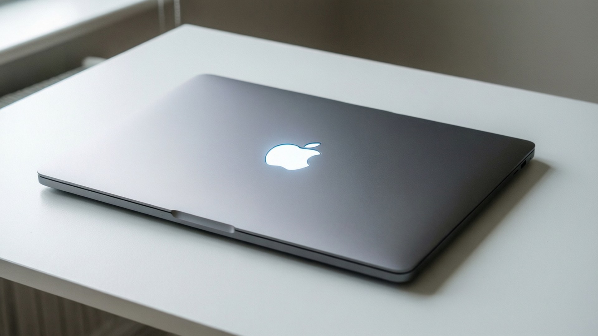 關閉的銀色 MacBook 帶有發光標誌在白色桌子上