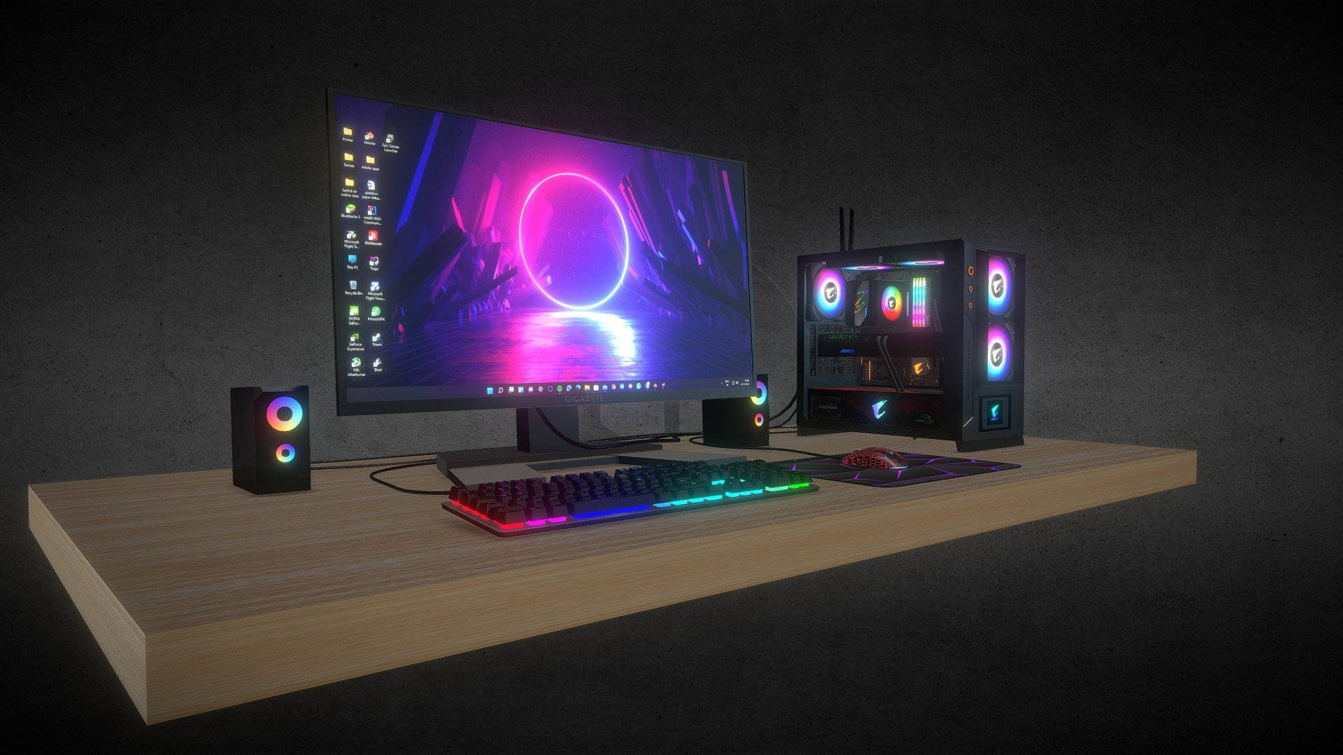 在黑暗房間的木桌上，帶有 RGB 照明的遊戲電腦設置。