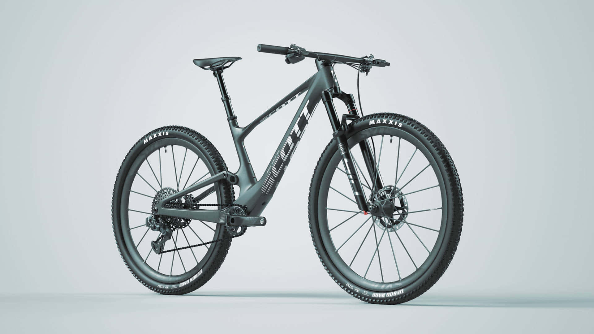 簡約Scott Contessa Spark 2022山地車背景 壁紙 — 一輛時尚的啞光灰色Scott山地車配備Maxxis輪胎，在極簡白色工作室背景前蓄勢待發。