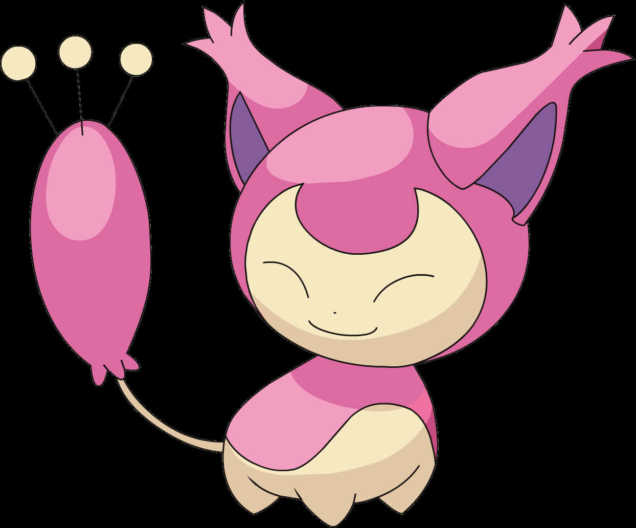 簡約Skitty 壁紙 — 一隻開心嘅粉紅色動漫風格寵物小精靈，合埋眼，有條長尾巴，拎住一個有三盞燈嘅粉紅色氣球。