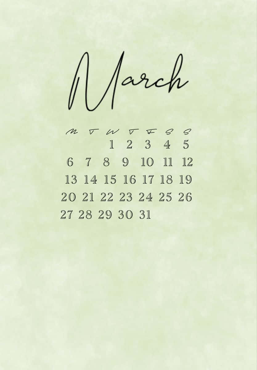 March 桌布 壁紙 — 簡約三月日曆，以優雅黑色字體呈現於柔軟紋理薄荷綠背景上。