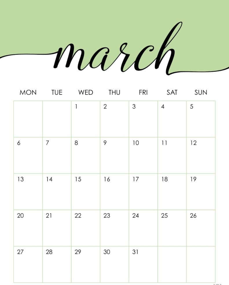 March 桌布 壁紙 — 簡約三月日曆，柔軟綠色標題上優雅的黑色手寫字體，搭配潔白網格。