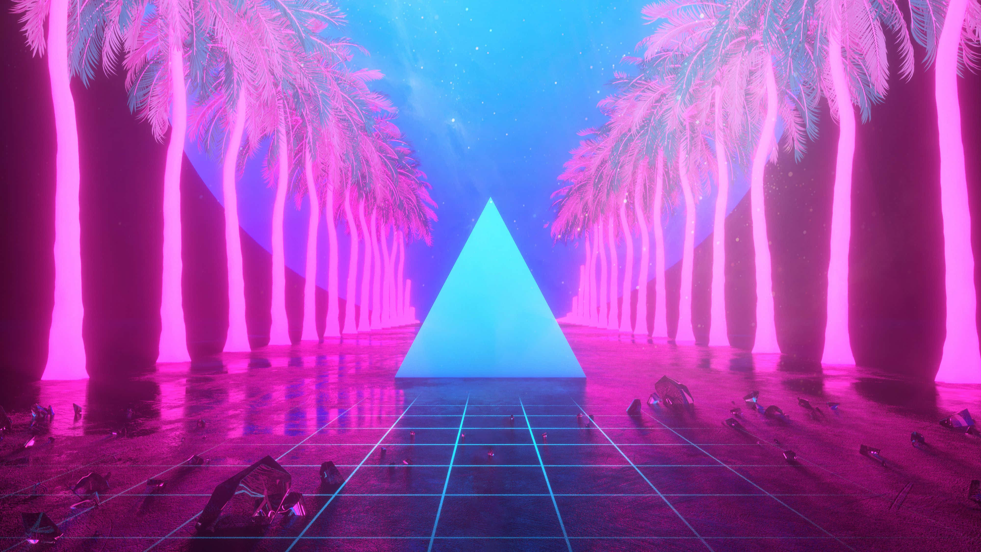 簡約三角形圖案 壁紙 — 在星空下，一條霓虹燈照亮的棕櫚樹大道中央，矗立著一座發光的藍色金字塔。