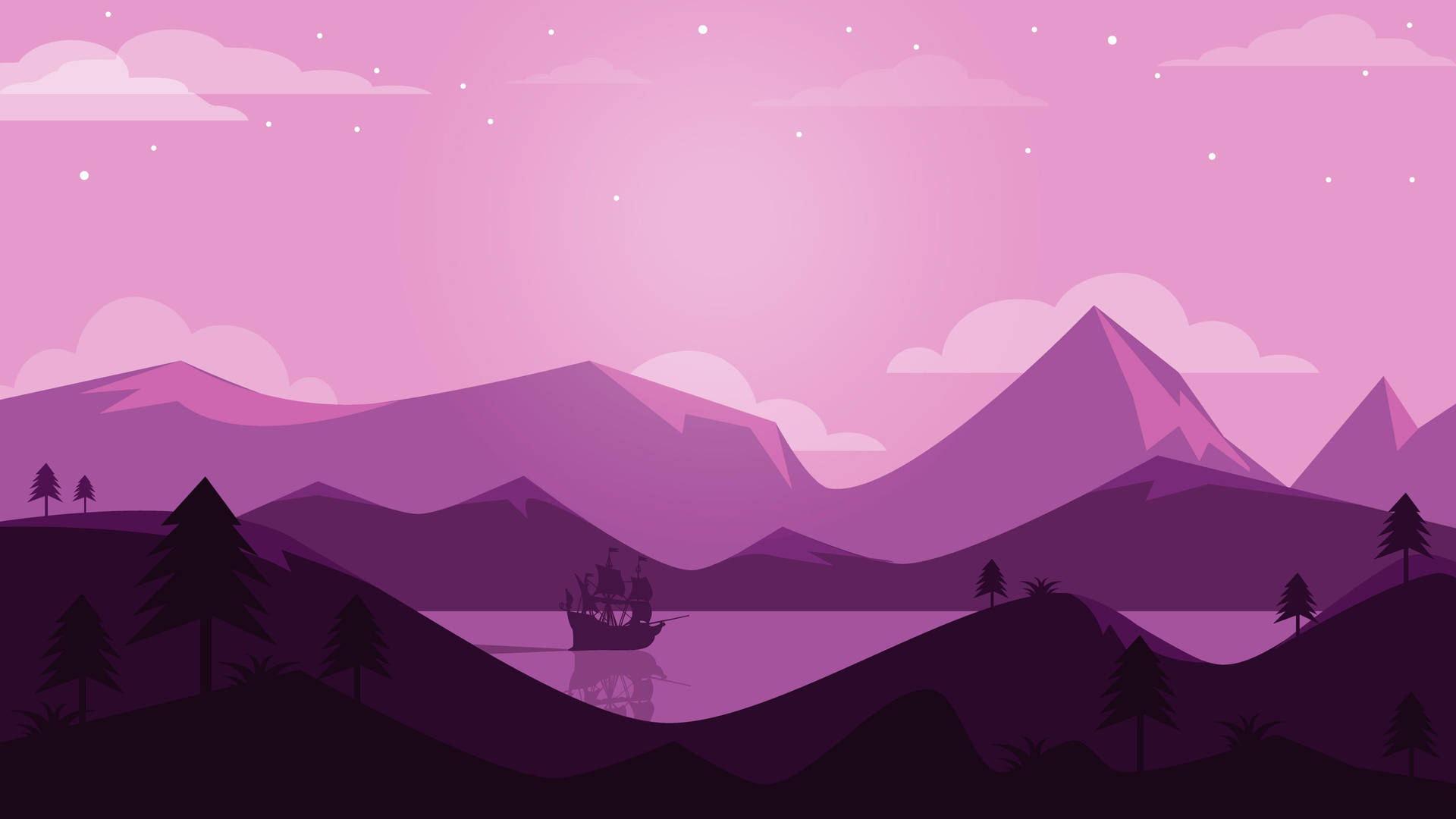 紫色山景，黃昏時分一艘船在湖上航行。