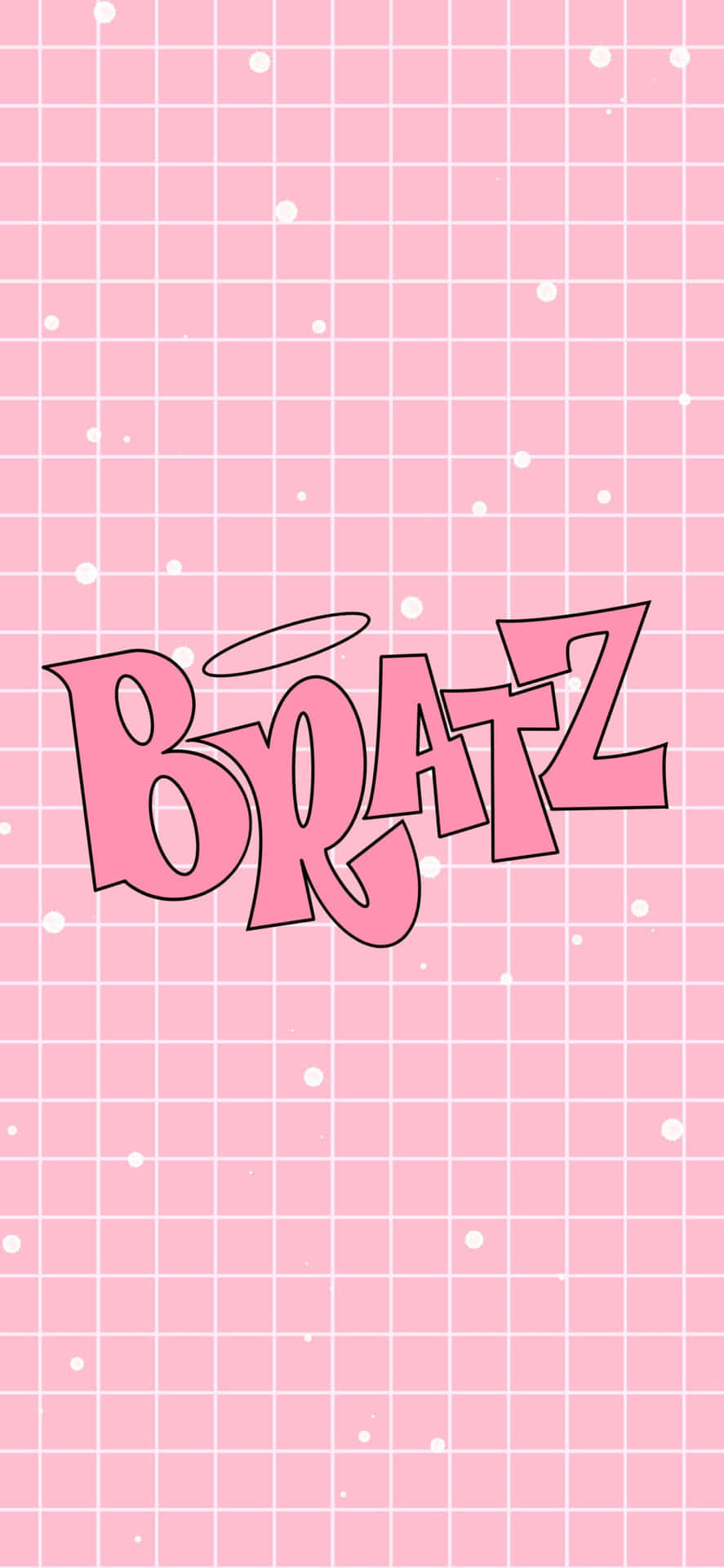 粉紅色網格牆紙，帶有白色圓點和帶光環的 Bratz 標誌