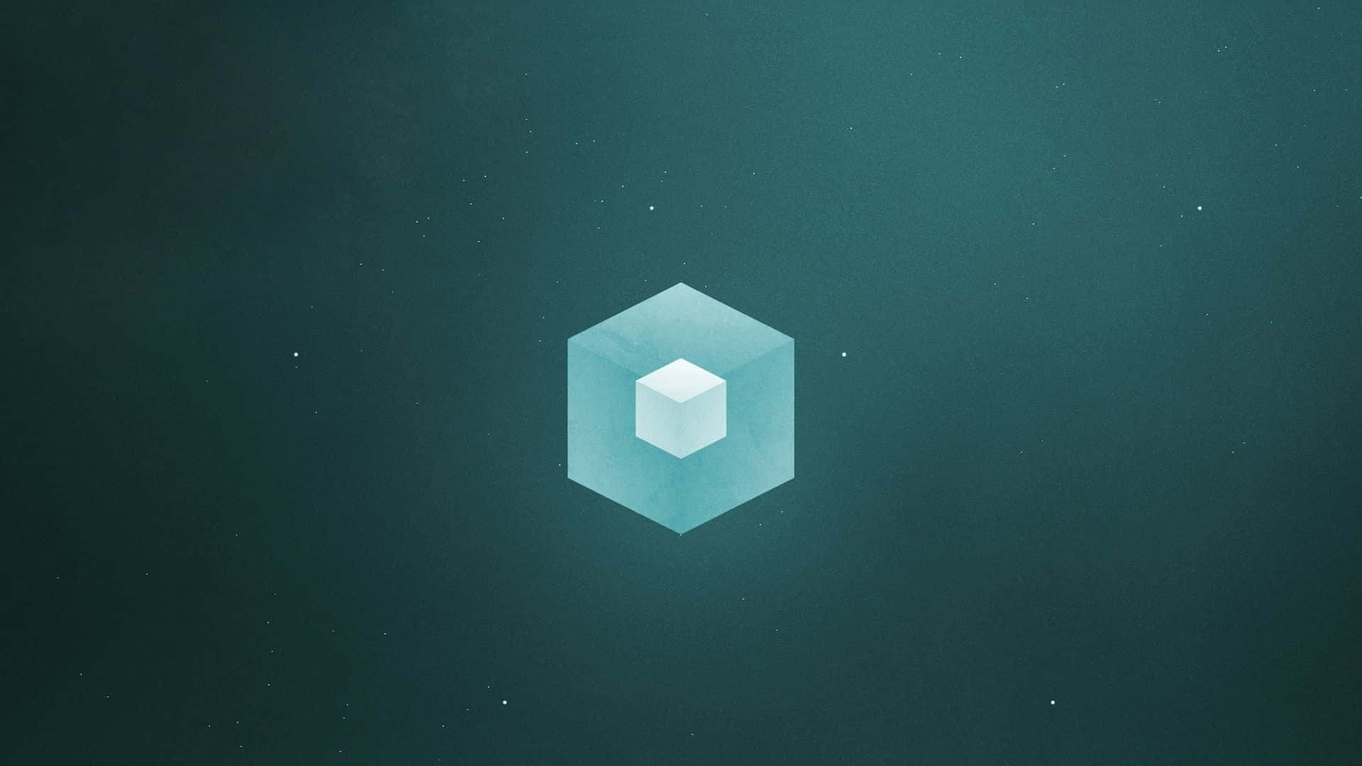 簡約之美 壁紙 — 一個發光的半透明立方體，內部有一個較小的白色立方體，漂浮在點綴著星星的深藍綠色宇宙虛空中。