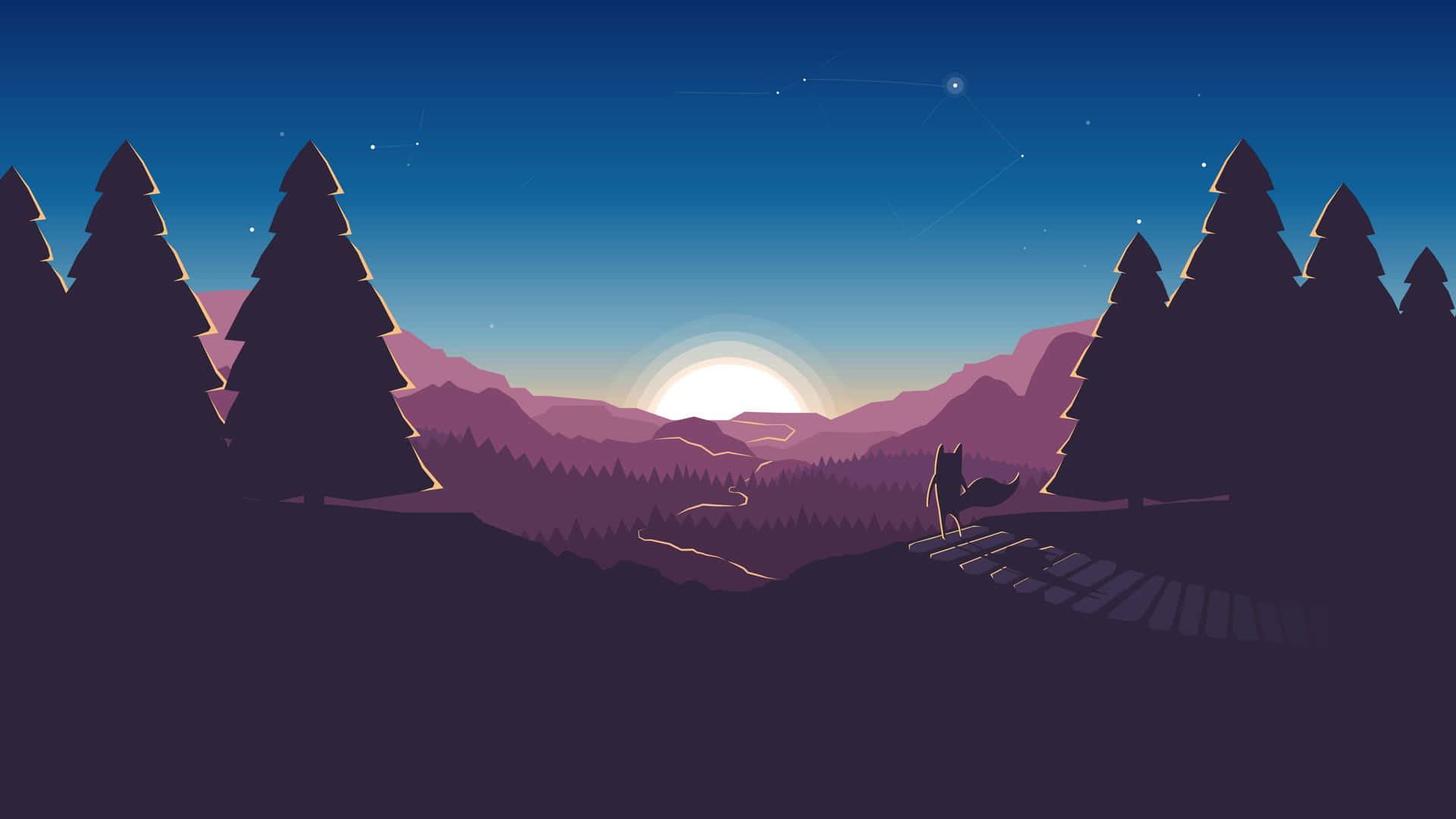 一隻狐狸在黃昏時站在橋上，俯瞰著星空下的山脈和松樹。