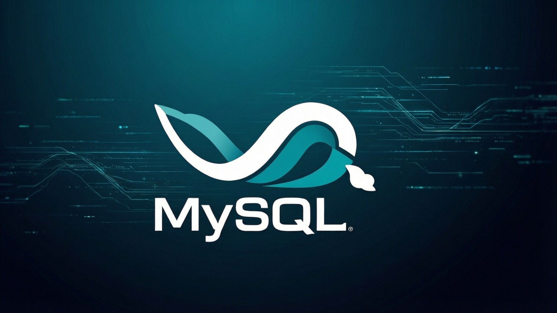 簡約企業風格 MySQL 壁紙 — MySQL 標誌，在深藍色數位電路背景上有一個風格化的白色和藍綠色蛇。