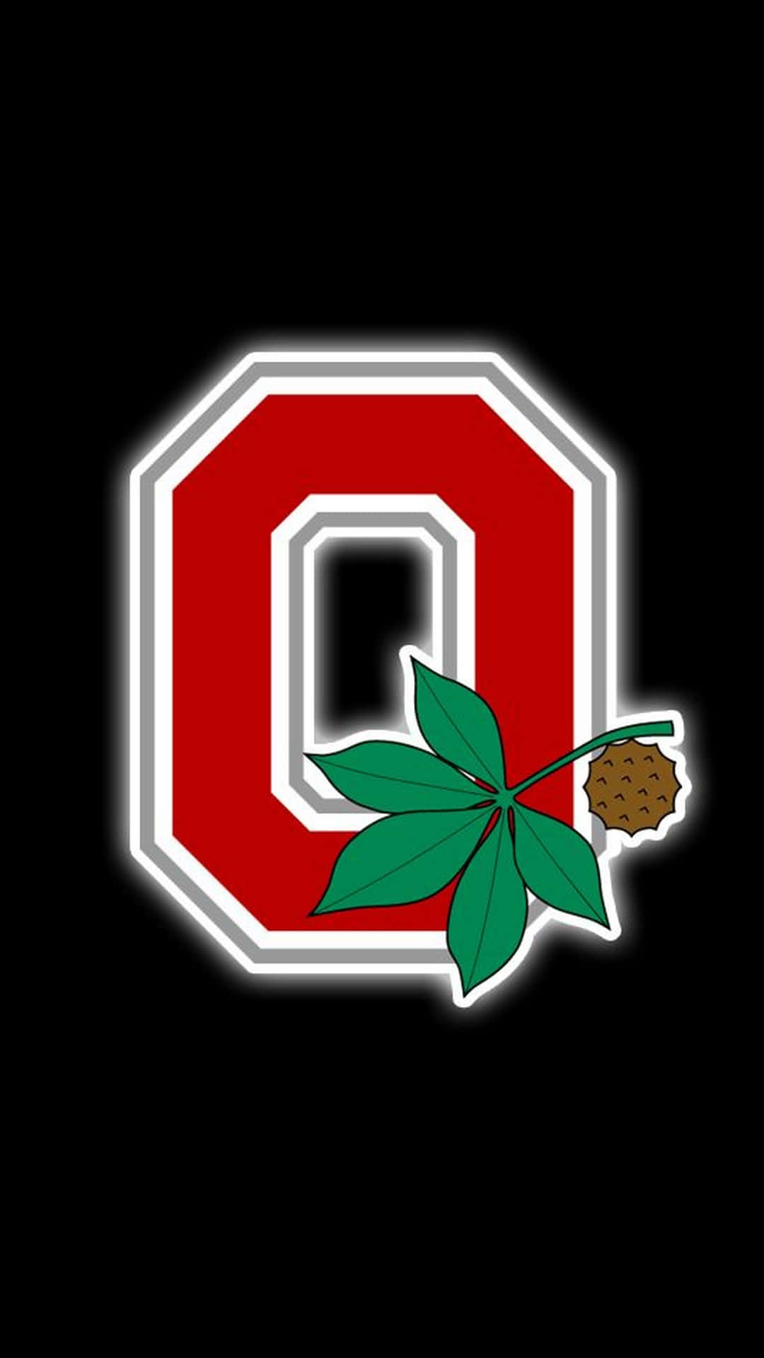 簡約俄亥俄州立大學足球隊 Logo iPhone 壁紙 — 黑色背景上帶有白色輪廓和綠色七葉樹葉的粗體紅色字母O。