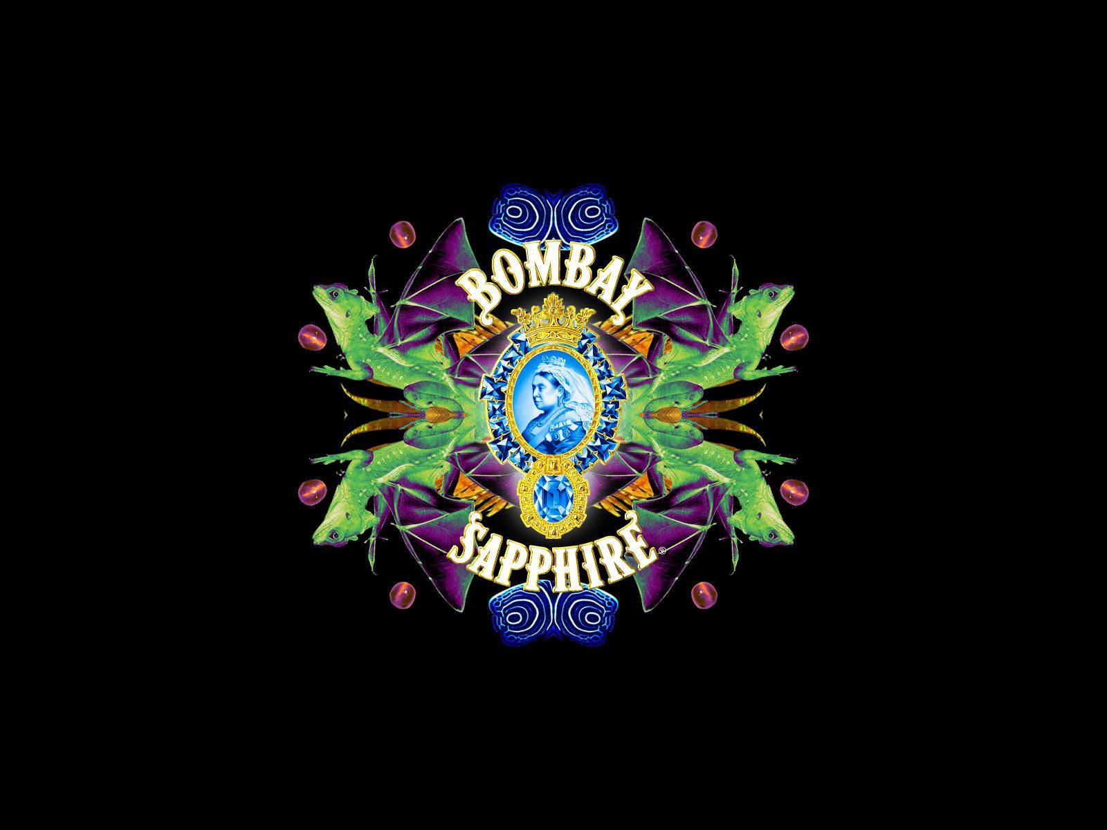 Bombay Sapphire 標誌，綠色龍和藍色肖像，黑色背景。