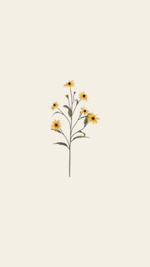在奶油色背景上，一根細長的莖上有黃色花朵和綠色葉子。