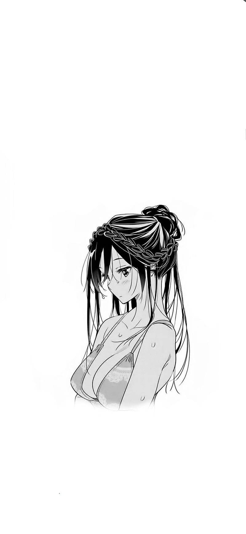 辮子動漫女孩在極簡黑白素描中向下看。