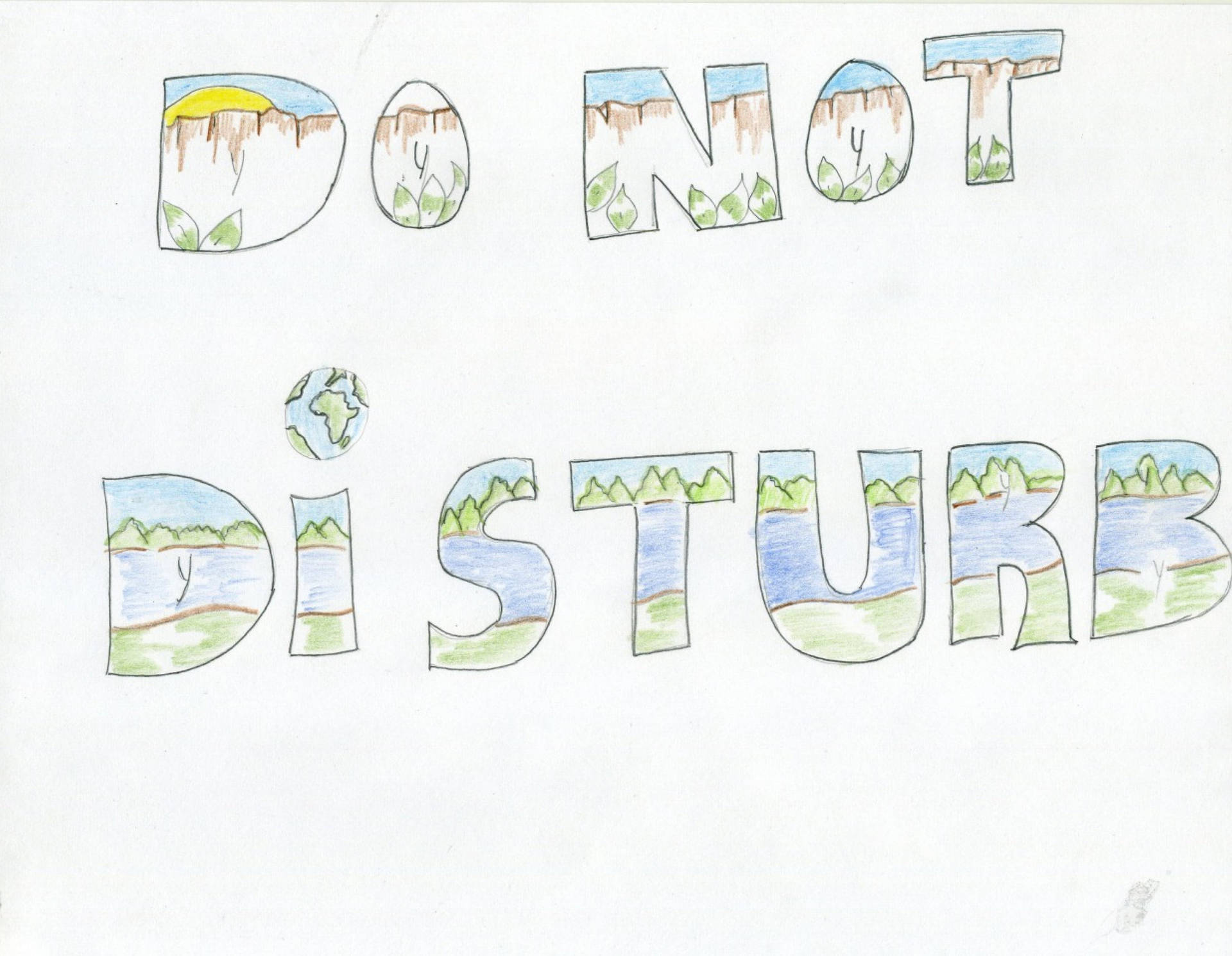 手繪標誌，每個字母入面都有自然景色，串出「Do Not Disturb」。