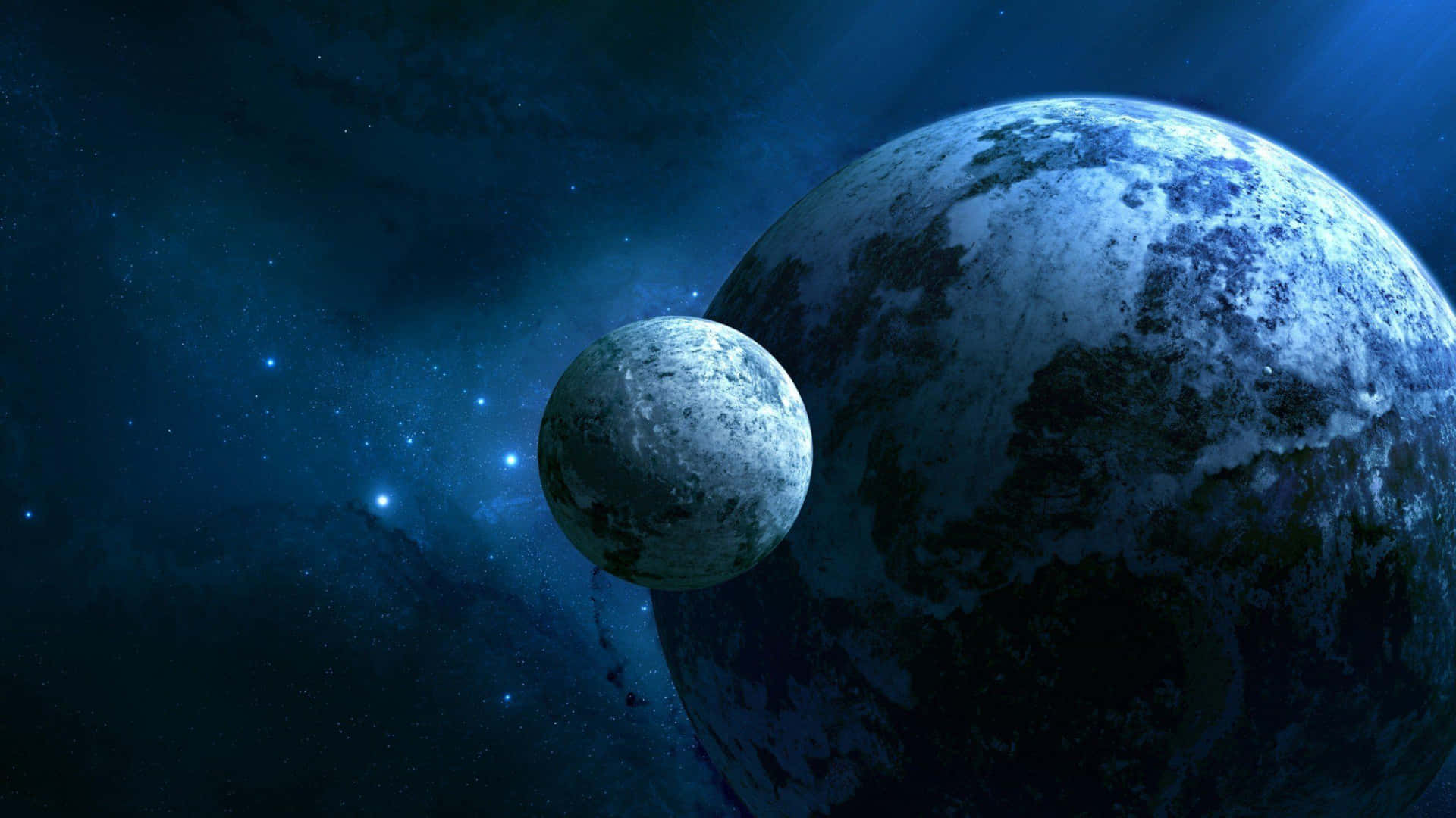 一顆藍色行星及其衛星漂浮在滿是星星的空間中。