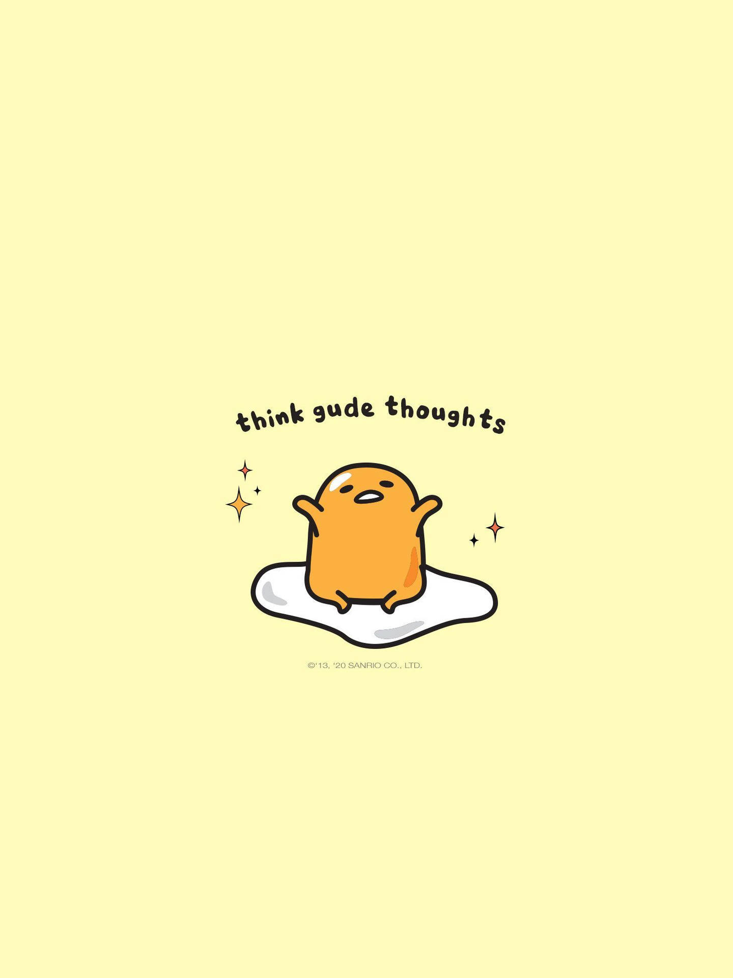 可愛的gudetama角色坐在雲朵上，帶有閃光和文字think gude thoughts。