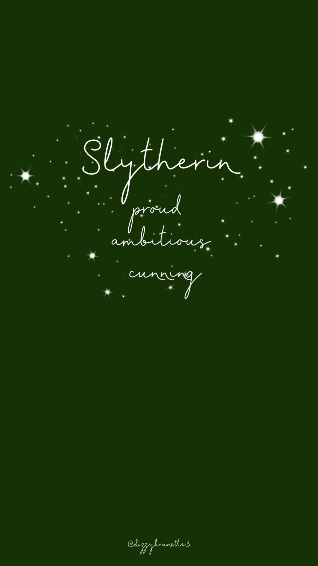 深綠色背景，帶有白色草書Slytherin文字和閃爍星星。