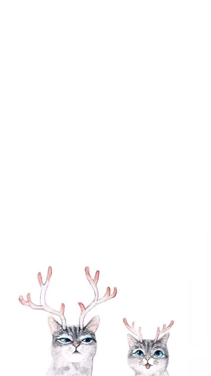 簡約可愛帶時尚設計的 iPhone 壁紙 — 兩隻水彩貓咪長著細小的鹿角，在純白背景上向上凝視。