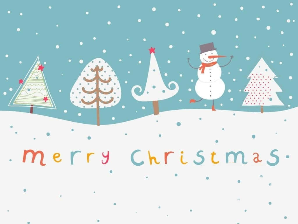 簡約可愛聖誕雪景 iPad 壁紙 — 一個快樂的雪人在裝飾的聖誕樹之間跳舞，雪花飄落，下方有「聖誕快樂」文字。