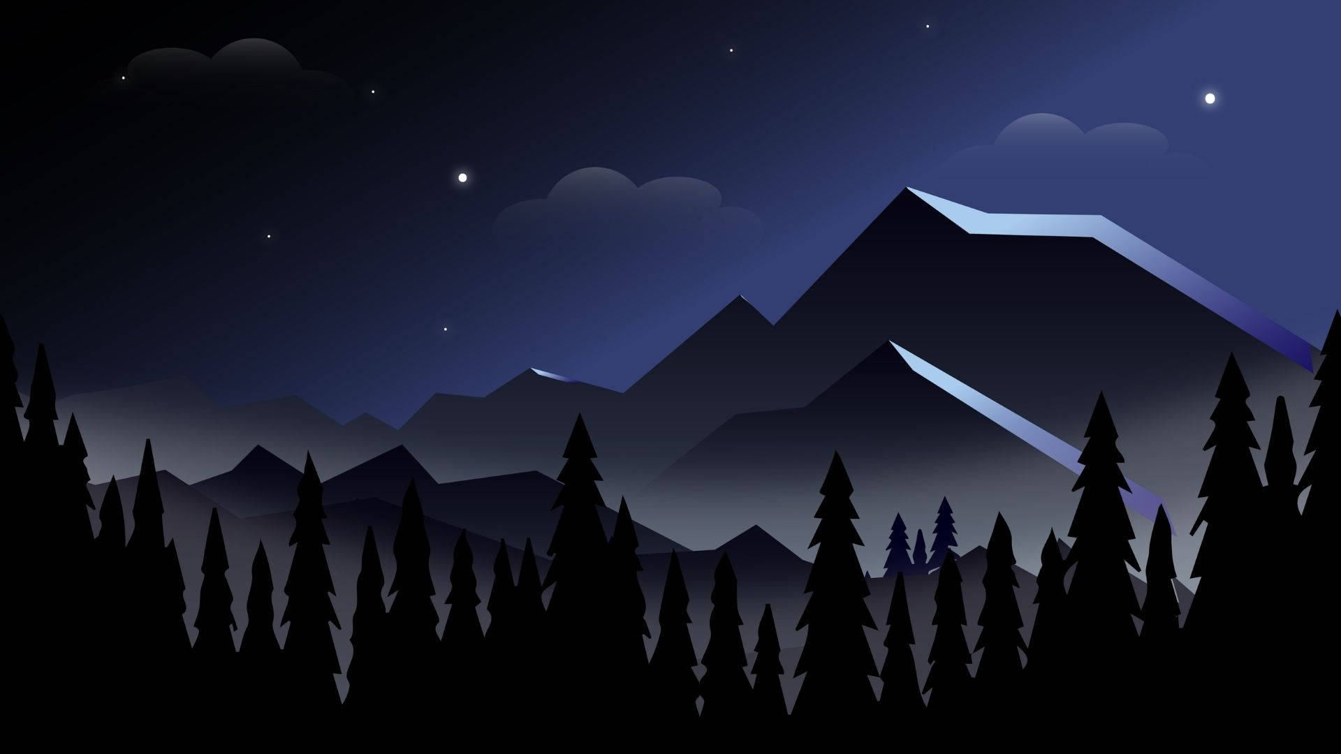 簡約夜間森林 壁紙 — 剪影的松樹框住了繁星點點的夜空，上方是層層疊疊的山峰，頂部有發光的雪帽。