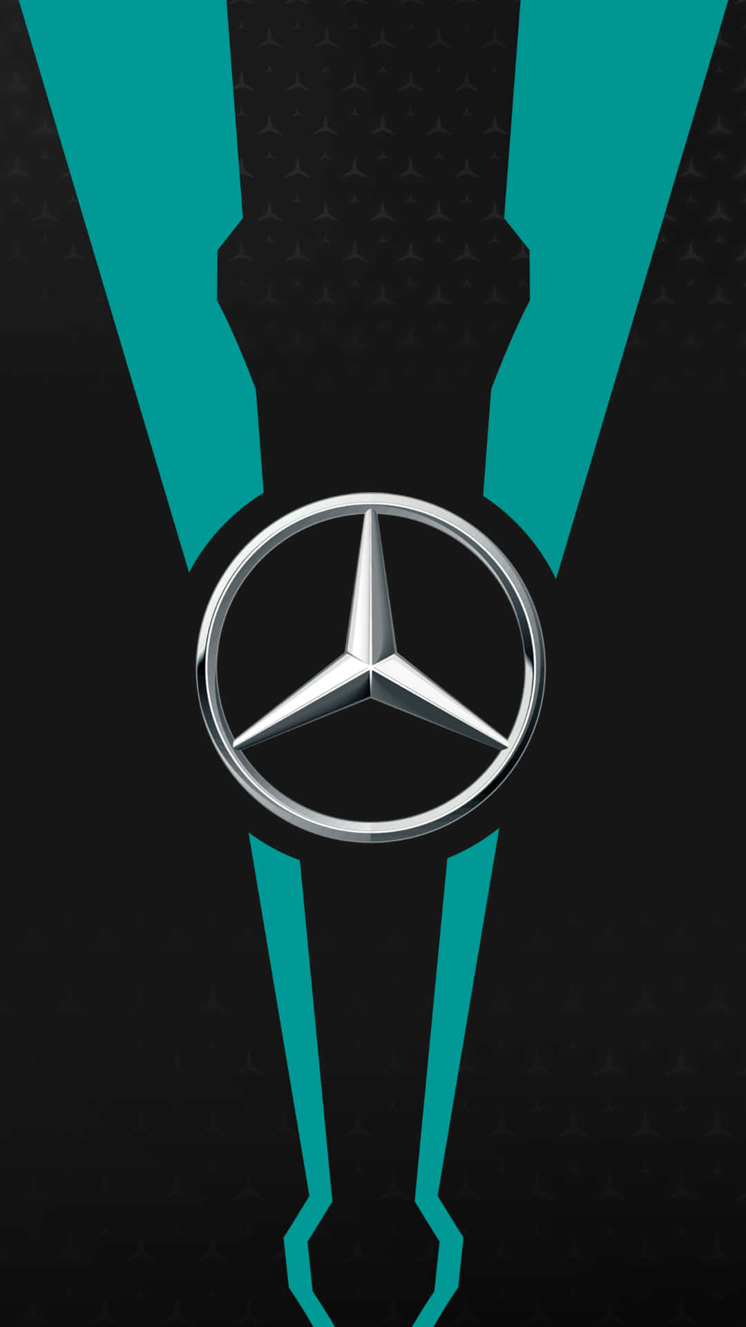 Mercedes-Benz 標誌，黑色背景上有藍綠色 V 形圖案