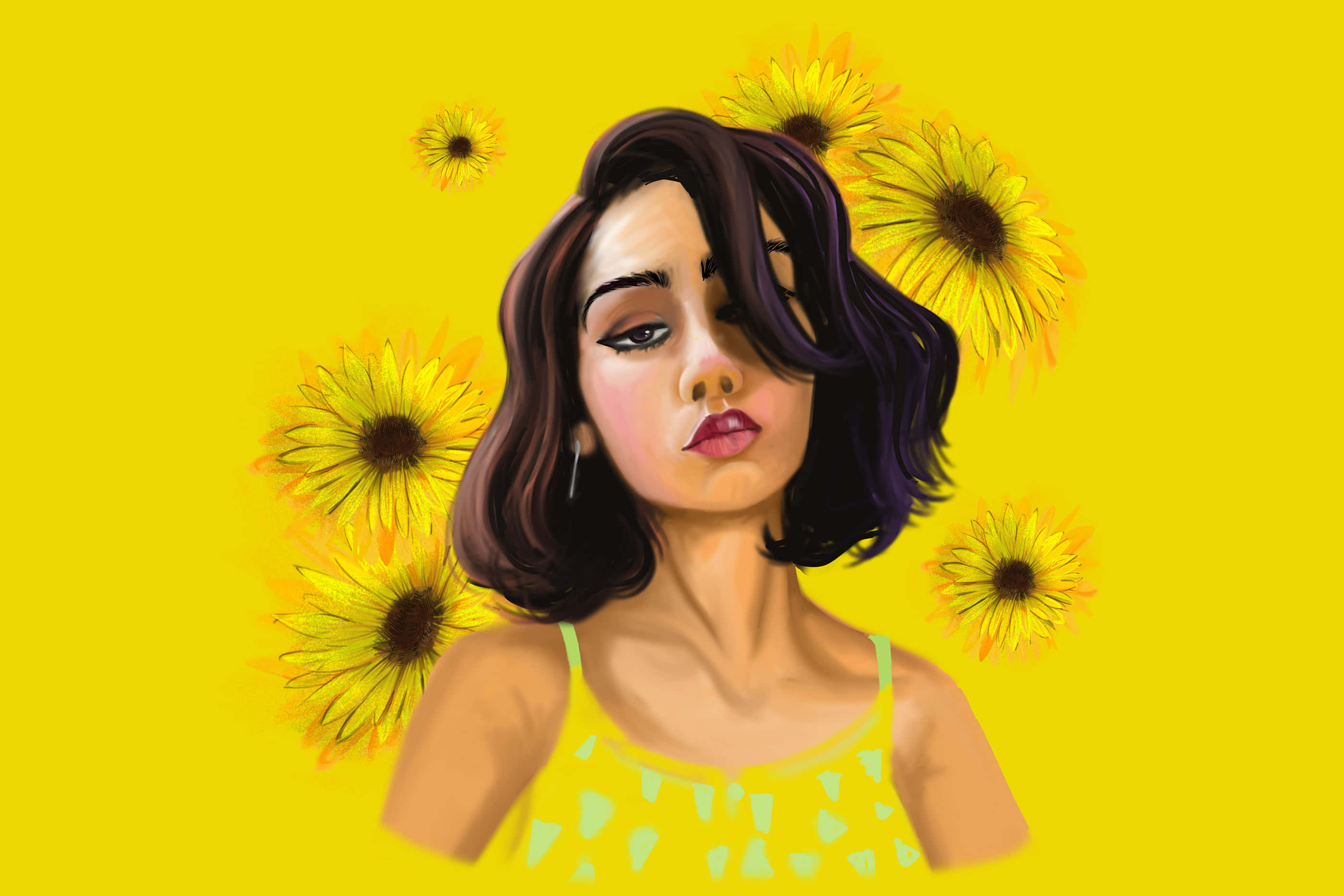 簡約女孩黃色美學圖 壁紙 — 一個風格化的插圖，描繪了一位深色頭髮、畫著大膽眼線的女性，被向日葵環繞在鮮黃色的背景上。