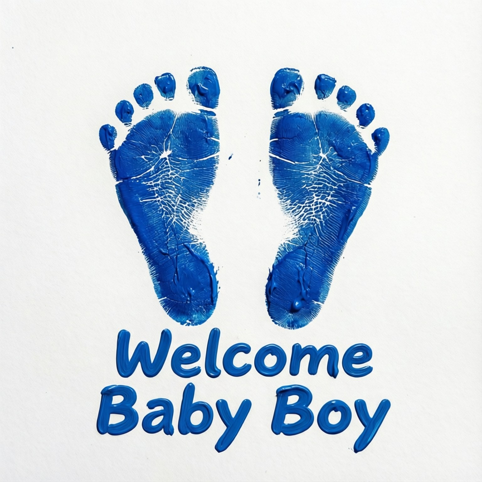 白色背景上帶有「Welcome Baby Boy」文字的藍色嬰兒腳印。