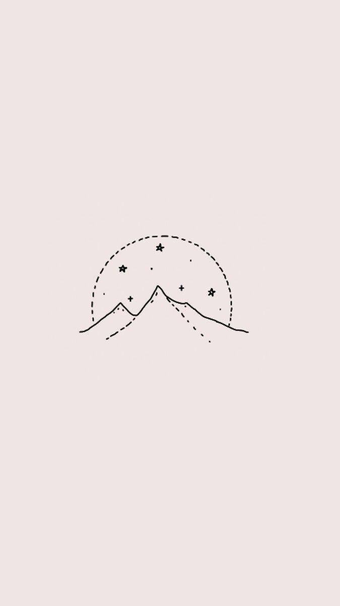 簡約山景插畫 壁紙 — 柔和米色背景上，點狀星形弧線下的簡約線條山峰畫。