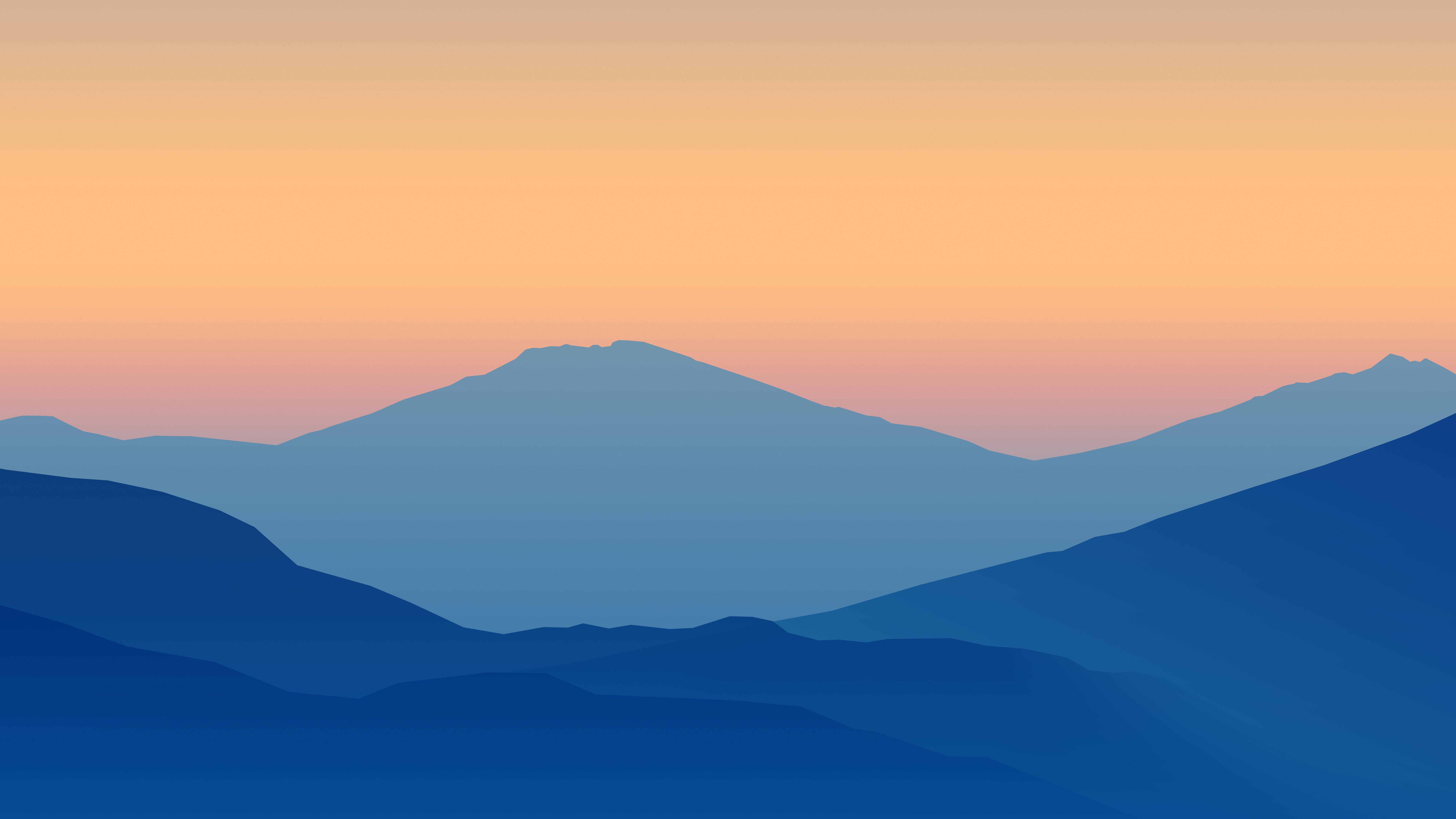 簡約山景藝術 壁紙 — 剪影山脈在日落時融入橙色和藍色的漸變天空。