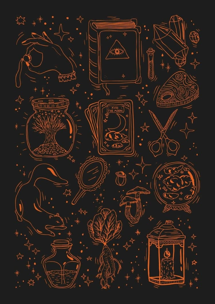 手繪神秘符號同魔法物品，橙色，黑色背景。