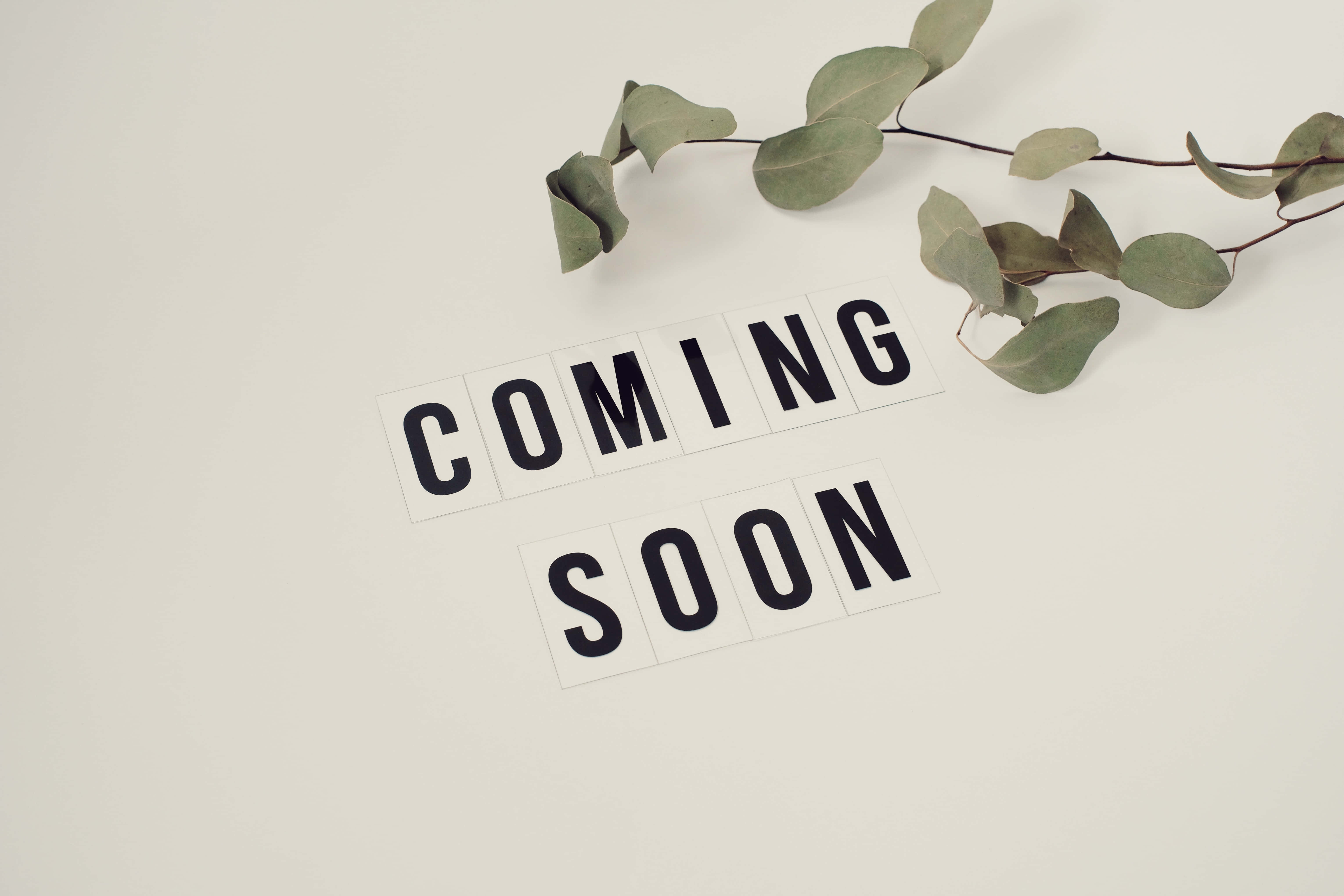 Coming Soon 桌布 壁紙 — 簡約平鋪構圖，中性背景上擺放「COMING SOON」字母瓷磚和新鮮尤加利枝條。
