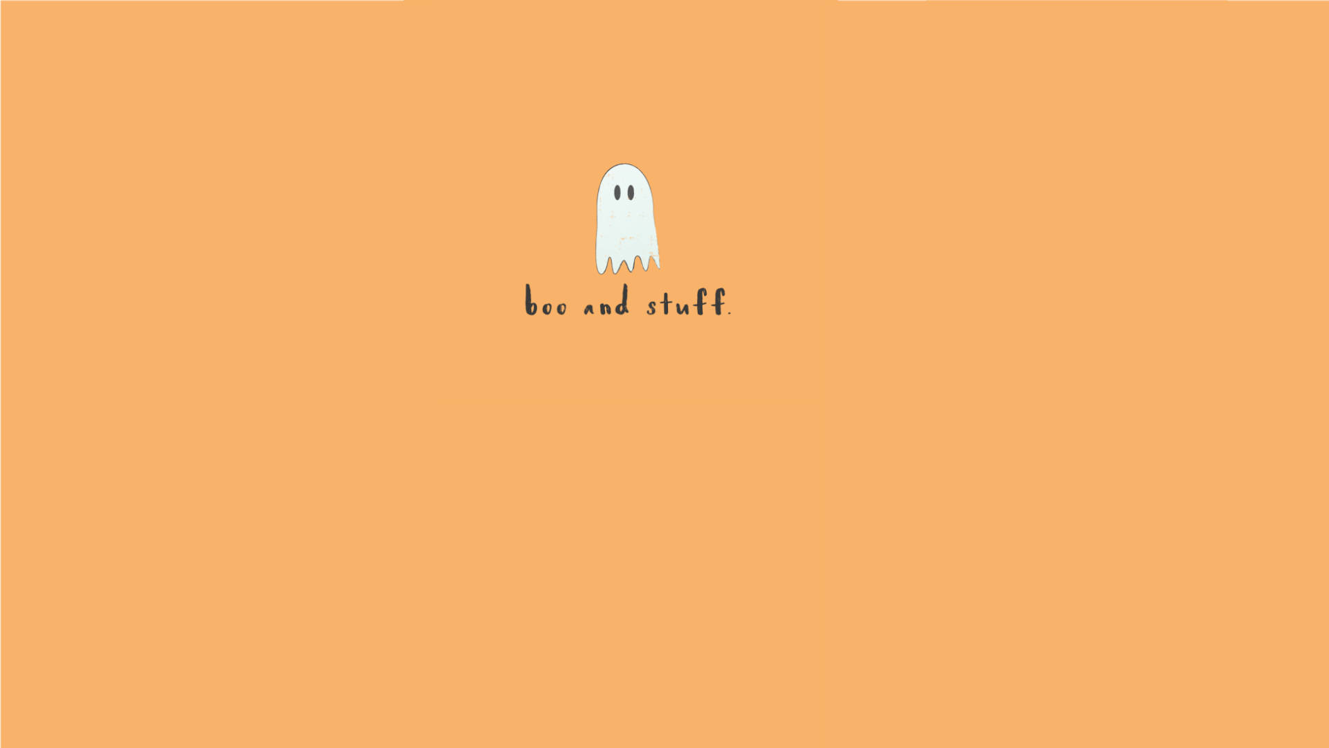 一個簡單的白色幽靈插圖，橙色背景上寫有文字 boo and stuff。