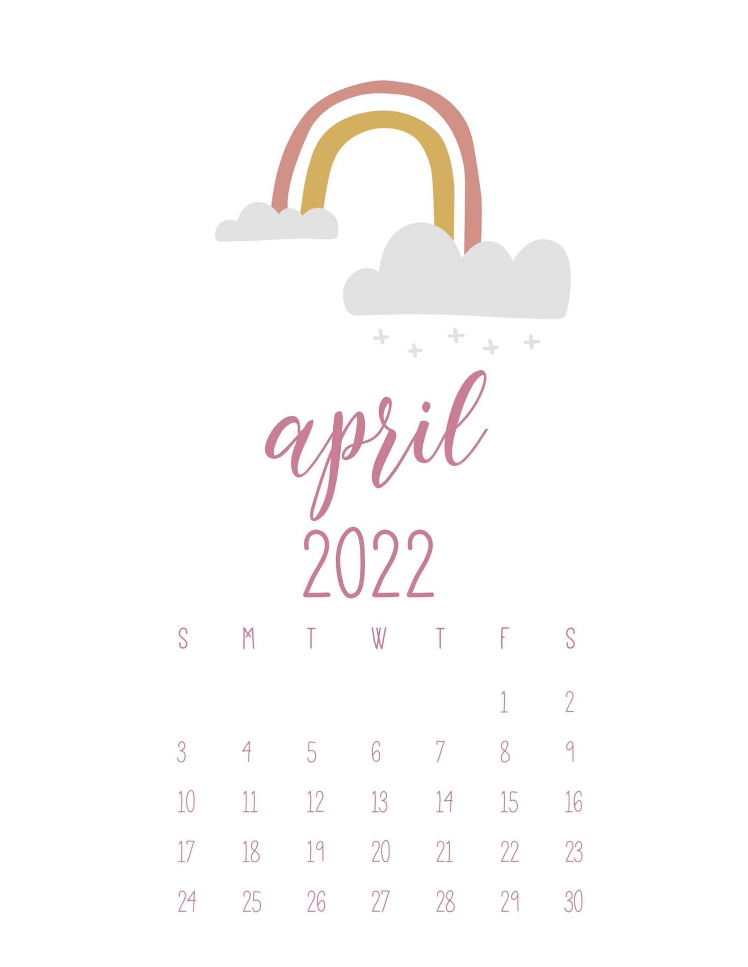 2022年4月日曆，月份名稱上方有粉彩彩虹和雲朵。