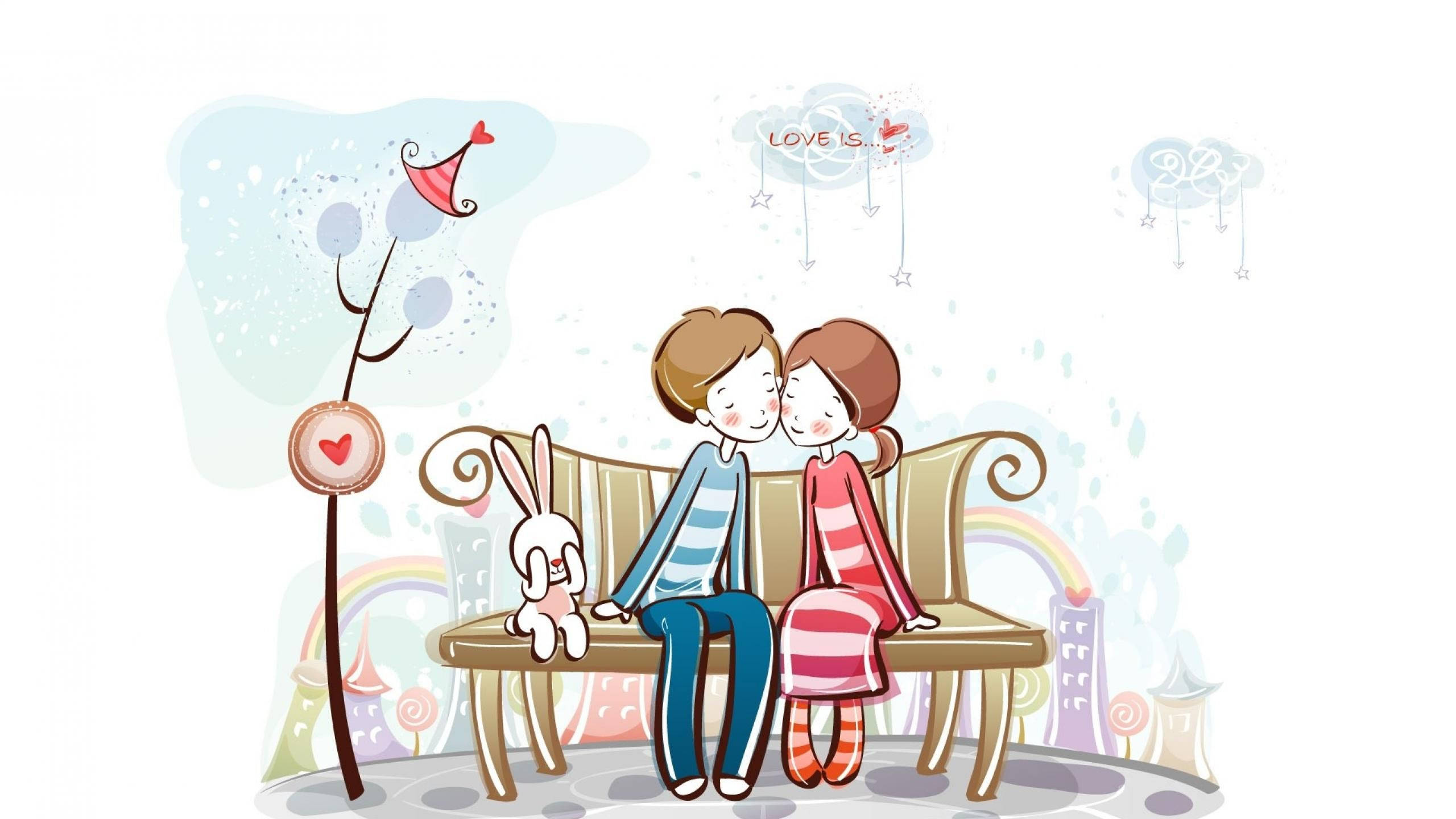 簡約愛情故事插畫 壁紙 — 可愛卡通情侶在長椅上接吻，旁邊有兔子，上方漂浮著彩虹和心形雲朵。