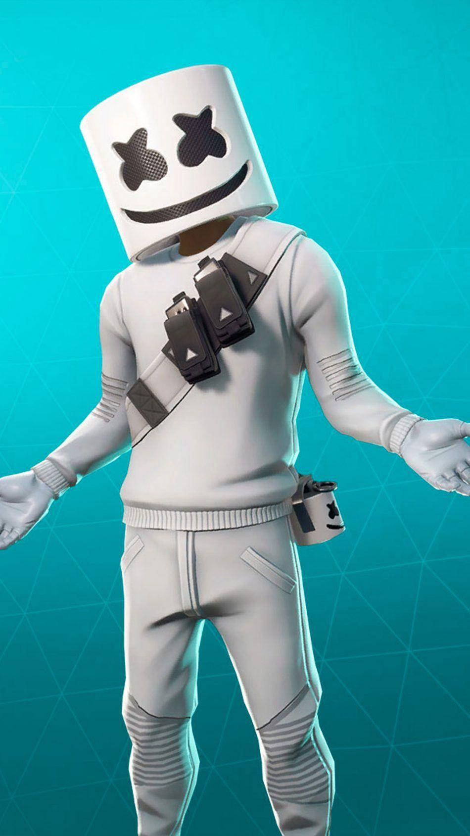 簡約放鬆Marshmello iPhone壁紙 壁紙 — 一個戴著白色棉花糖頭盔、擁有星星眼睛和微笑的角色，站在藍綠色幾何背景前。